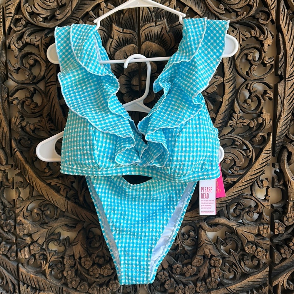 NWT Lilly Pulitzer Crinkle Gingham Turquoise Oasis Bikini Size 12